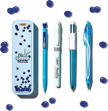 BIC 978217 Stifte Set in Metallbox: 1 Kugelschreiber, 1 Textmarker, 1 Tintenroller und 1 Druckbleistift, My Summer Collection Blau, 4 Stück (1er Pack)